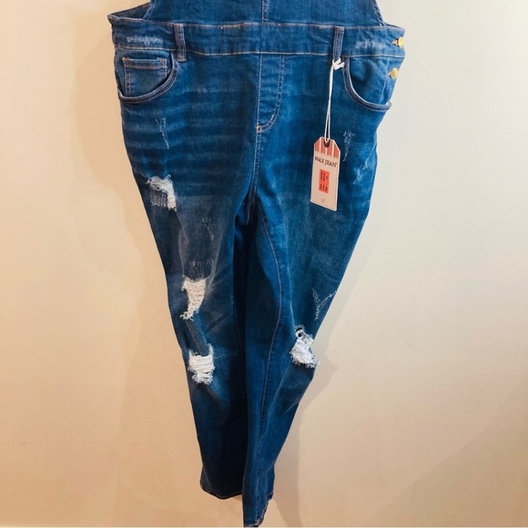 WAX Jean Sz 1XL Distressed Mid Wash Denim Overalls  New with Tag - Picture 6 of 12